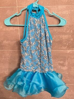 Weissman Turquoise Blue Sequin Halter Dance Dress with Feather Accent